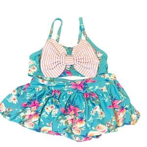 RuffleButts Baby Girl Floral 2PC Swimsuit Teal Pink Bow Size 18-24M